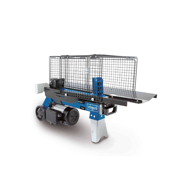 Scheppach Holzspalter liegend, robuste Konstruktion mit Metallgitter und Rädern für einfache Handhabung.